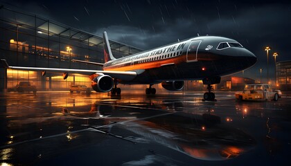 Passenger airplane on the background of the airport at night. 3d rendering