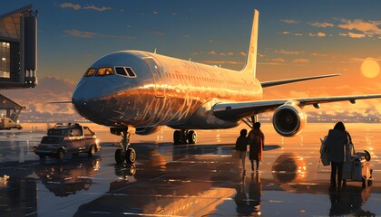 Airplane in the airport at sunset. 3d render illustration. - obrazy, fototapety, plakaty