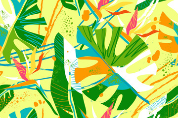 Abstract art seamless pattern with tropical leaves and flowers. Colorful strelitzia flowers, monstera leaves and abstract objects on yellow background. Modern exotic jungle plants. Vector.