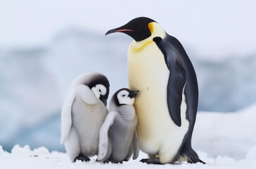 Fototapeta na wymiar A family of emperor penguins standing together on the snow-covered ground, with one chick between them. The parents stand tall and majestic against the white background
