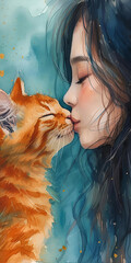 Tender Moment Between a Woman and Her Ginger Cat in a Watercolor Embrace 2