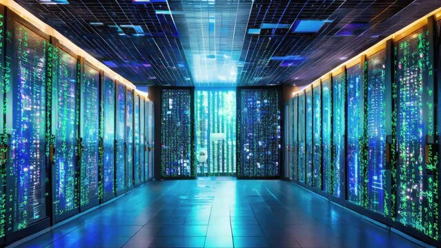 Server racks in a modern data center. Cloud computing data storage 3D rendering. Generated with AI