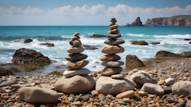 A sea background with a pile of rocks on top of each other.
