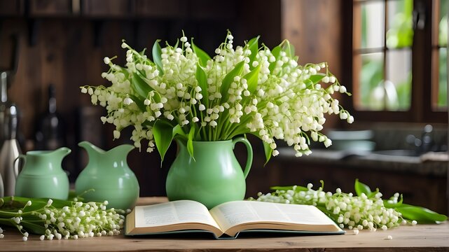 Happy May Day, springtime holidays, a green jug filled with lilies of the valley, an open book, and a wooden table in the kitchen