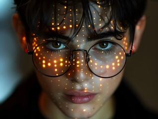 Modern Man with Glowing Light Glasses in Technological Marvel Style - 776084707