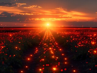 Luminous Sunset Field with Lights and Dots - 776084718