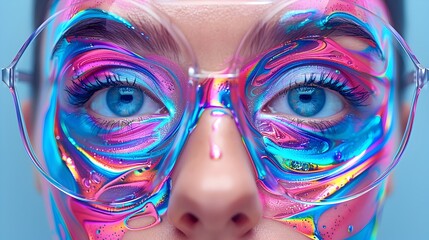 Colorful Womans Face with Glasses in Futuristic Style - 776084900