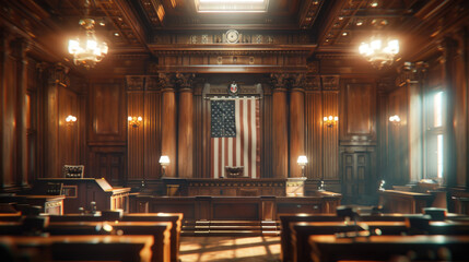 Regal Courtroom with American Flag, solemn, grand courtroom bathed in soft light, showcasing the iconic American flag and symbols of justice
