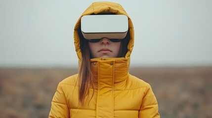 Woman in Yellow Jacket with Virtual Reality Headgear in Minimalist Field - 776084957