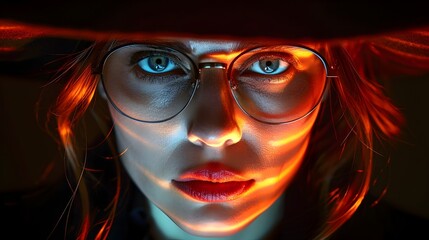 Hyper-realistic Womans Portrait with Glowing Eyes and Hat - 776084993