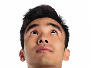 Young man looking up on white background, closeup portrait of face with eyes and eyebrows, handsome young guy, brown hair, studio shot, high resolution photography
