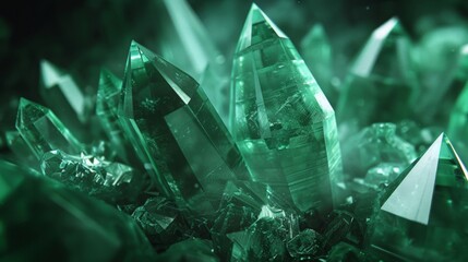 crystals, royal green color of gemstones on a dark background, global light, dramatic lights, dark cave ambient reflect light 