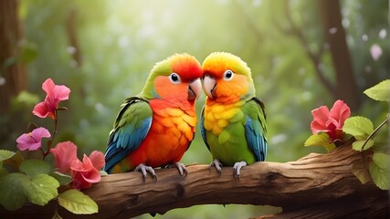 A pair of adorable, vibrant lovebirds in the forest - obrazy, fototapety, plakaty
