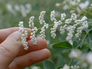 Hand Holding White Flowering Branch in Caffenol Developing Style - 776085160
