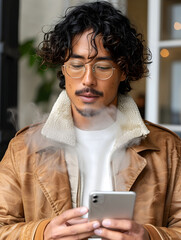 Modern Man in Glasses Blending Eastern and Western Cultures Using Smartphone - 776085189