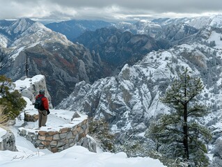 Hiker Overlooking the Snowy Canyon - 776085339