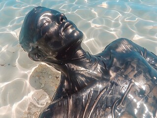 Hyperrealistic Sculpture of Woman in Shallow Ocean Water - 776085347