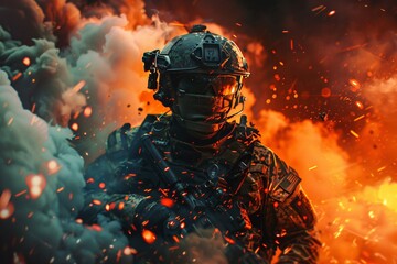 a soldier in a helmet with a gun in fire - obrazy, fototapety, plakaty