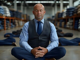 Meditation Men in Industrial Warehouse with Elegant Solitude - 776085372