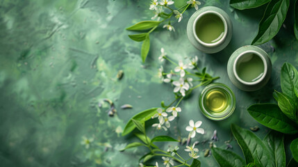 Green tea in ceramic cups with scattered jasmine flowers on a textured green background, evoking...