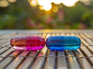 Two Colorful Pill Bottles on Bamboo Table with Sunset Light - 776085377