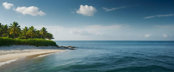 for advertisement and banner as Coastal Calm Depict the soothing effect of oceanic horizons. in Global Business  theme ,Full depth of field, high quality ,include copy space on left, No noise, creativ