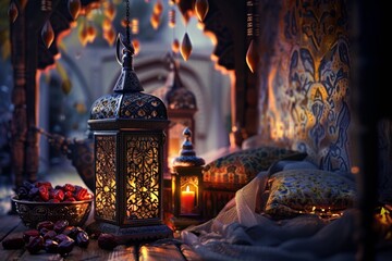 Artistic lanterns illuminate the dark interior table at a city event. Generative AI