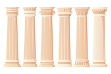 Ancient column set. Museum and exhibition. Cartoon greek or roman pillars. Antique decorative element. Cartoon flat isolated on white - obrazy, fototapety, plakaty