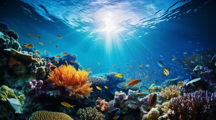 Obraz na płótnie Canvas In the deep blue sea, sunlight pierces through