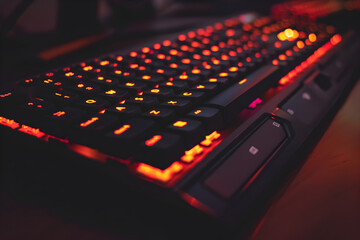 A close up of a red keyboard with the letters and numbers on it. The keyboard is lit up and the red color is very bright. Generative AI