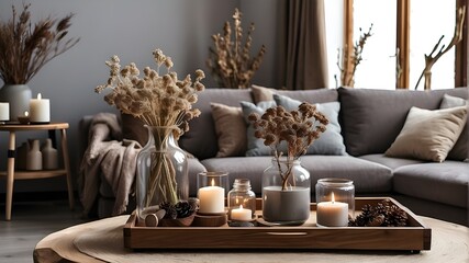 A mix of brown and gray hues are used to design the living area. A wooden tray with a vase, a candle, and a glass jar full of dried flowers are all set on the coffee table. - obrazy, fototapety, plakaty
