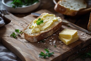 A slice of bread with butter and herbs on a wooden board, natural light. Rustic feel. - obrazy, fototapety, plakaty