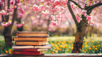 Background for Book Day. Pile of Books under Cherry Blossom Tree - obrazy, fototapety, plakaty