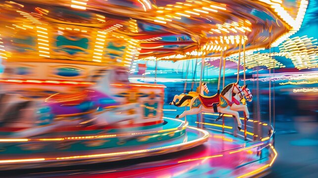 merry-go-round with horses and bright lights at night, Long exposure