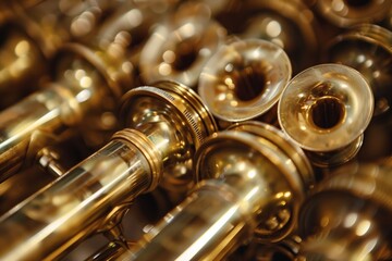Detailed view of shiny brass trumpet parts with a focus on craftsmanship and musical instrument...