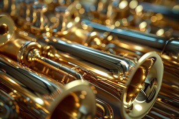 Rows of reflective brass trumpet pipes with a stunning depth of field, emphasizing the beauty of music instruments