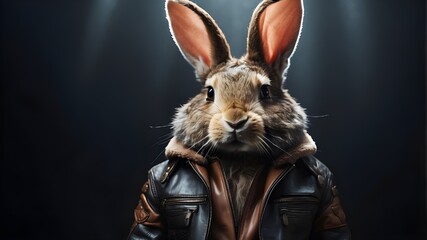Anthropomorphic rabbit in a leather jacket with a pop star appearance - obrazy, fototapety, plakaty