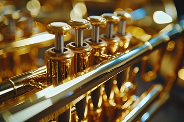 A focused shot of aligned brass trumpet valves with a play on light and shadows highlighting their...