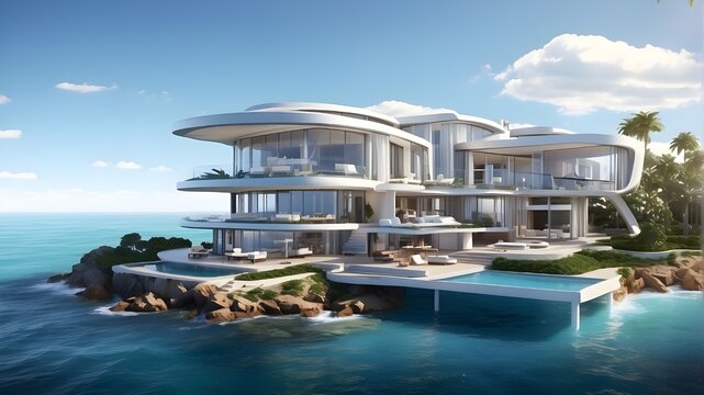 Elegant seaside holiday rentals. Glass houses, mansions, vehicles,cars ,AI Gernated