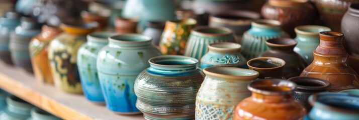 A collection of various ceramic pots and vessels in different designs and colors neatly arranged on...
