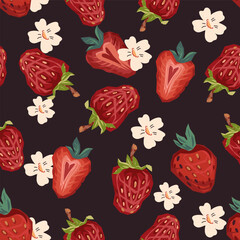 Background with a seamless strawberry pattern. endless background design with strawberries for jam, candies and textile prints, vector illustration