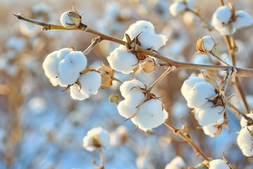 Close-up of cotton balls on plant branches with blue bokeh background, focus on natural fibers