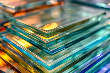 Stacked glass sheets in vibrant colors casting a dynamic glow and reflection, creating an abstract...