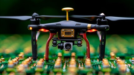 Drone on Top of Circuit Board in Tilt-Shift Style