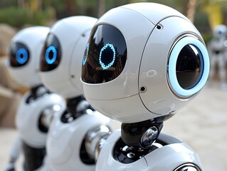 Group of Robots Forming a Line in Shiny Eyes Style