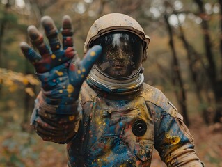 Astronaut Exploring Forest with Paint in the Style of 70s Ego Generation - 776086744