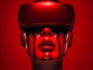 Woman in Virtual Reality with Red-Painted Face