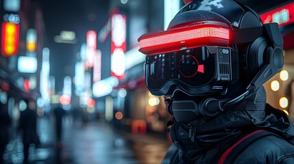 Man in Futuristic Helmet with Red LED on City Street at Night