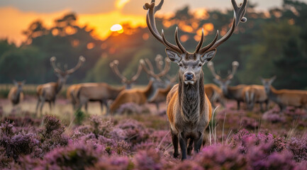 A herd of red deer stags in the heather at sunset, in France's Forest. The photo captures their...