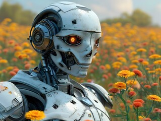 Robot Strolling in a Field of Flowers in a Hyperrealistic Style